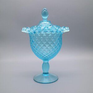 Vintage Viking Yesteryear Candy Dish Ice Blue Round Crimped Covered Candy Dish